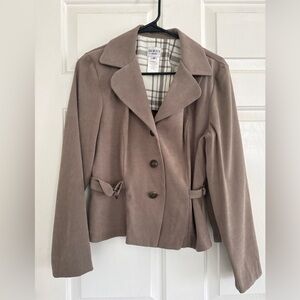 Dorby Studio Taupe Faux Suede Button Front Jacket with Plaid Lining & Side Belt